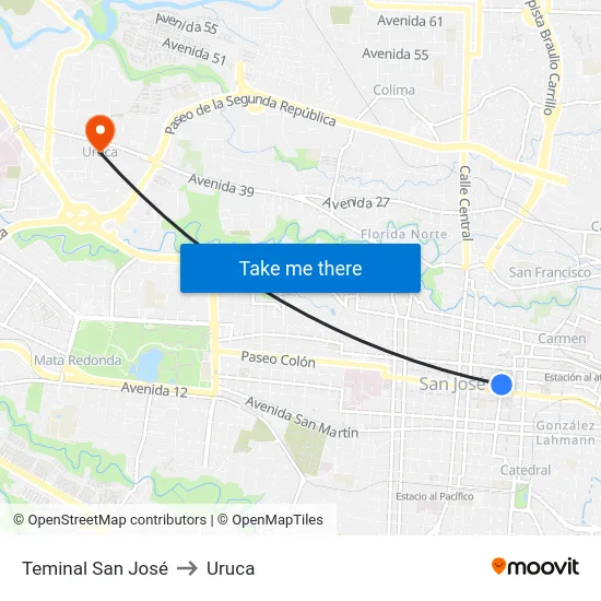 Teminal San José to Uruca map