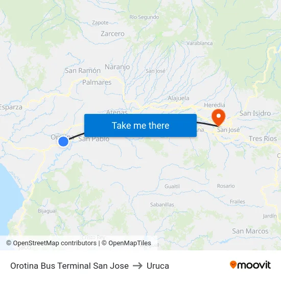 Orotina Bus Terminal San Jose to Uruca map