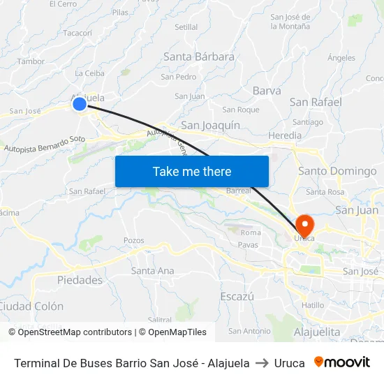 Terminal De Buses Barrio San José - Alajuela to Uruca map
