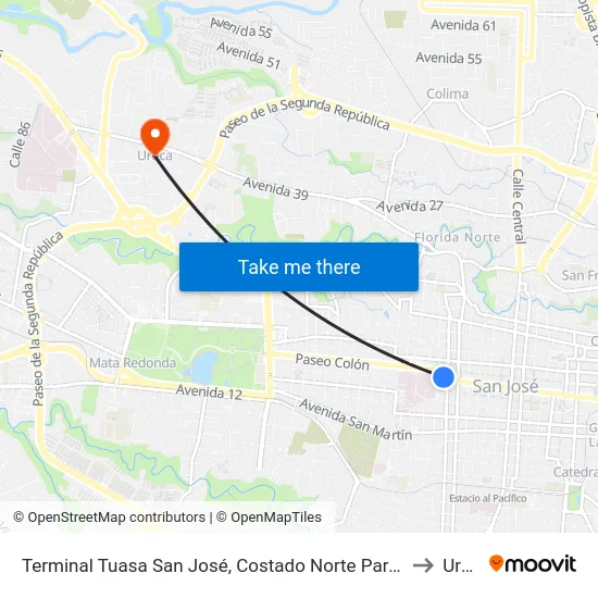 Terminal Tuasa San José, Costado Norte Parque La Merced to Uruca map