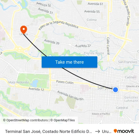 Terminal San José, Costado Norte Edificio De La Caja to Uruca map