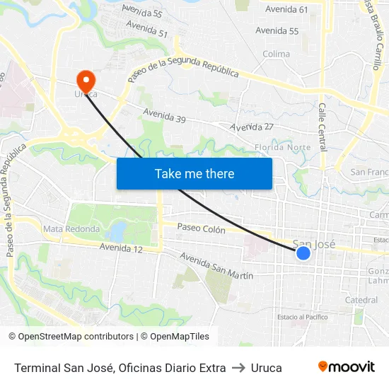 Terminal San José, Oficinas Diario Extra to Uruca map