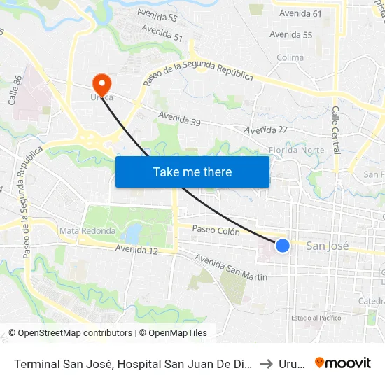 Terminal San José, Hospital San Juan De Dios to Uruca map