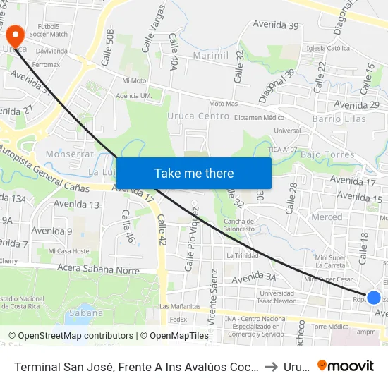 Terminal San José, Frente A Ins Avalúos Coca Cola to Uruca map