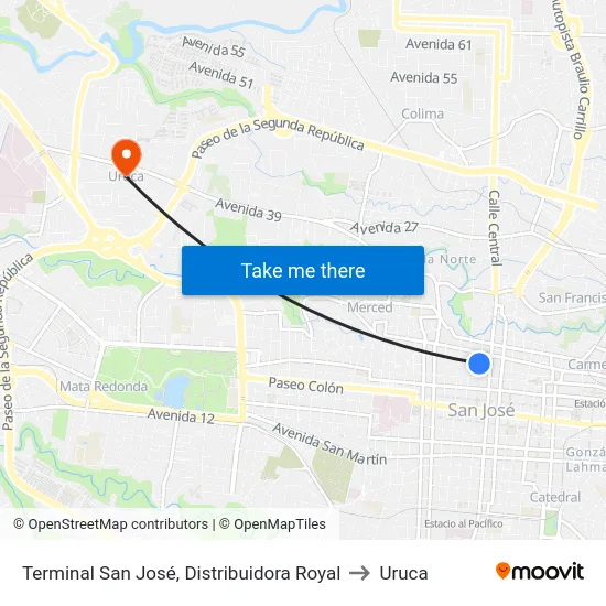 Terminal San José, Distribuidora Royal to Uruca map