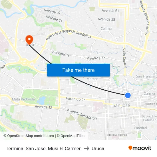 Terminal San José, Musi El Carmen to Uruca map