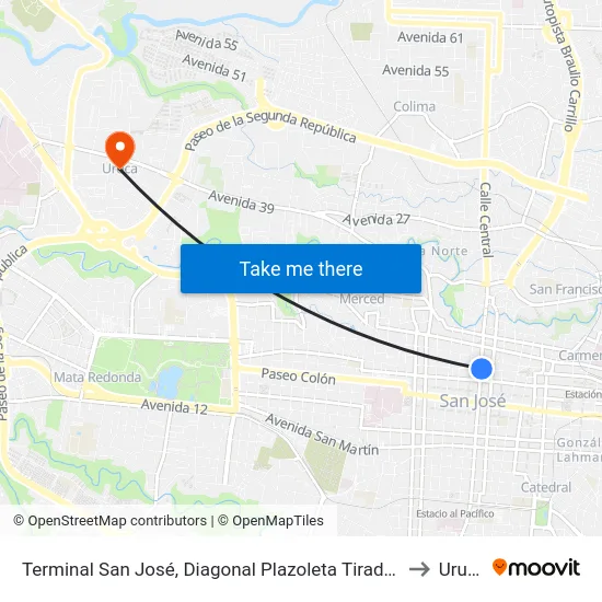 Terminal San José, Diagonal Plazoleta Tiradentes to Uruca map