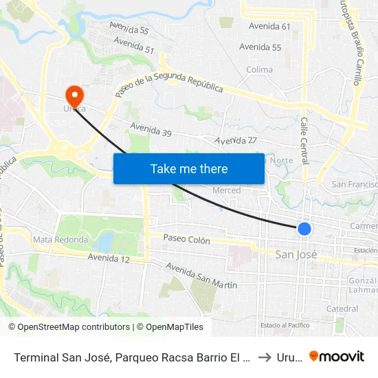 Terminal San José, Parqueo Racsa Barrio El Carmén to Uruca map