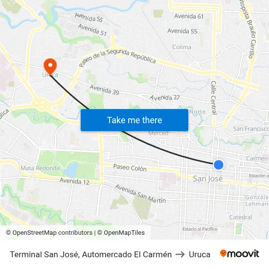 Terminal San José, Automercado El Carmén to Uruca map