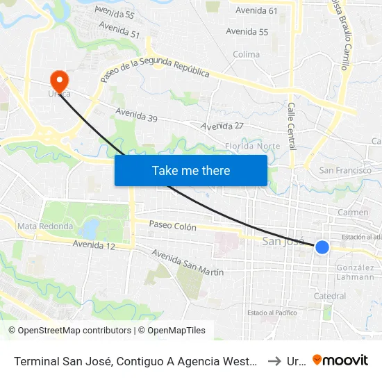 Terminal San José, Contiguo A Agencia Western Union Avenida Segunda to Uruca map
