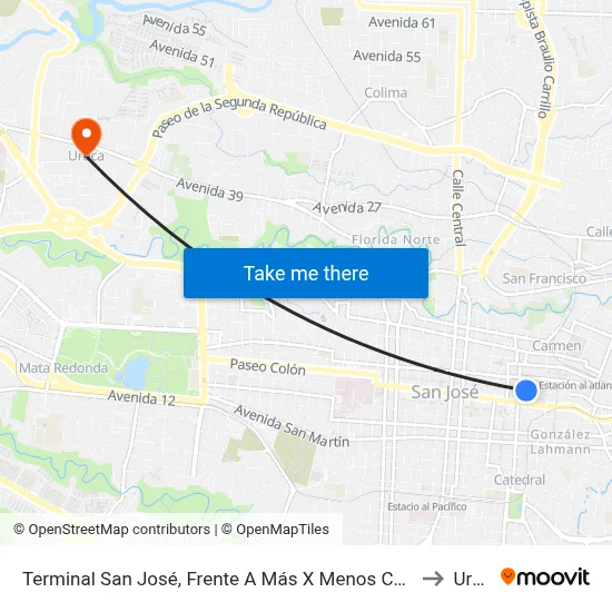Terminal San José, Frente A Más X Menos Cuesta De Moras to Uruca map