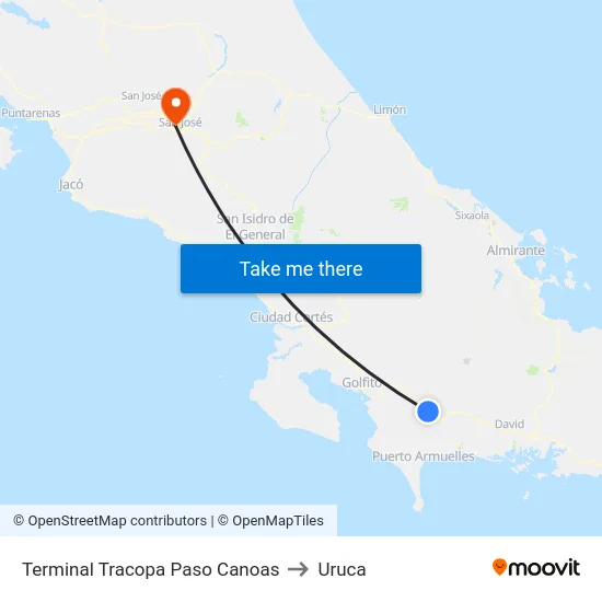 Terminal Tracopa Paso Canoas to Uruca map