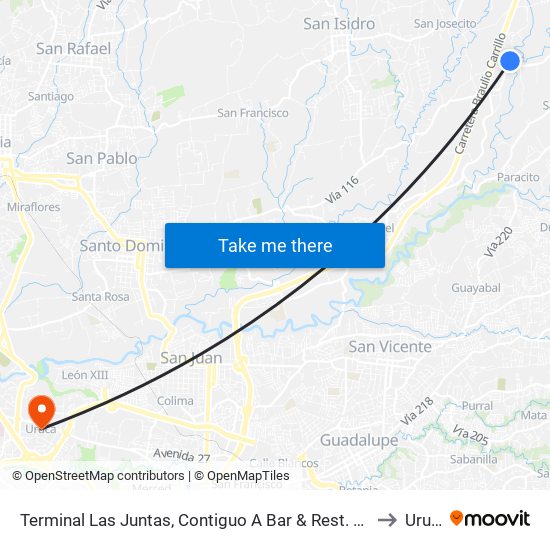 Terminal Las Juntas, Contiguo A Bar & Rest. Las Juntas to Uruca map
