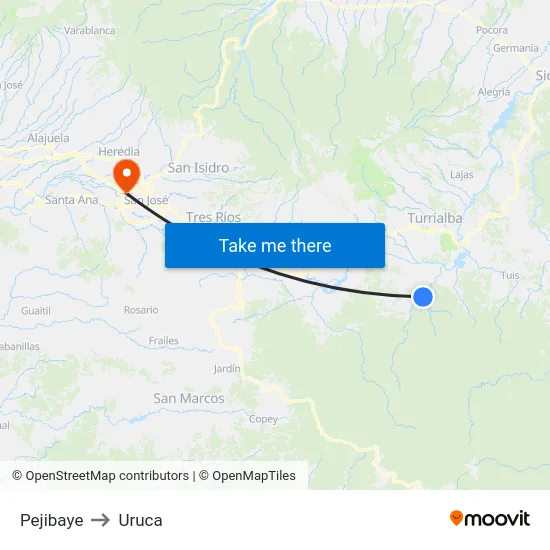 Pejibaye to Uruca map