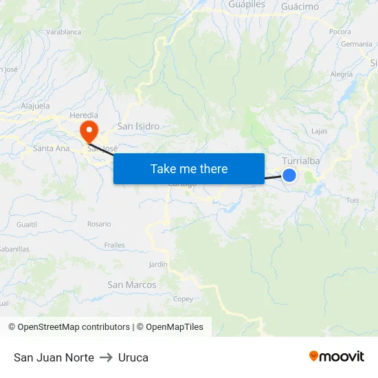 San Juan Norte to Uruca map