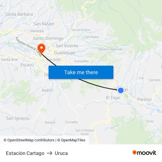 Estación Cartago to Uruca map