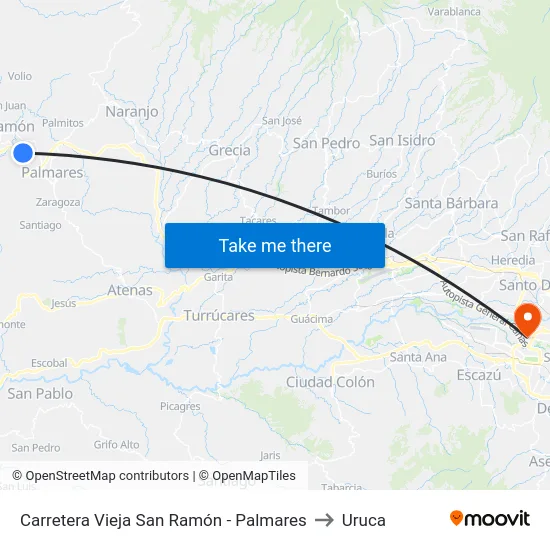 Carretera Vieja San Ramón - Palmares to Uruca map