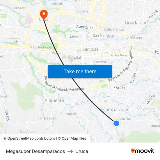 Megasuper Desamparados to Uruca map