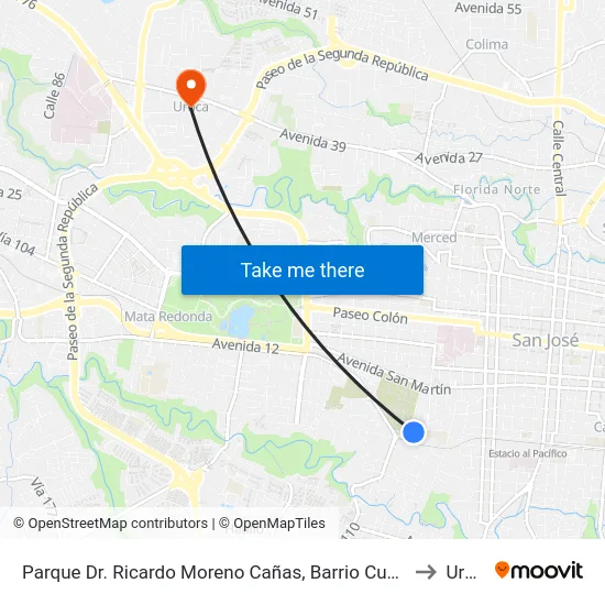 Parque Dr. Ricardo Moreno Cañas, Barrio Cuba San José to Uruca map