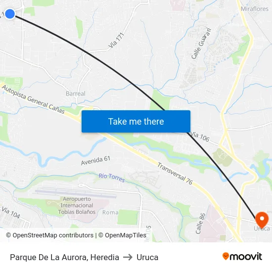 Parque De La Aurora, Heredia to Uruca map