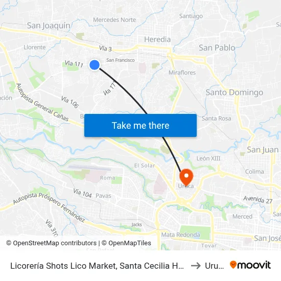 Licorería Shots Lico Market, Santa Cecilia Heredia to Uruca map