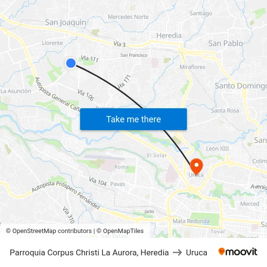 Parroquia Corpus Christi La Aurora, Heredia to Uruca map