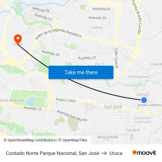 Costado Norte Parque Nacional, San José to Uruca map