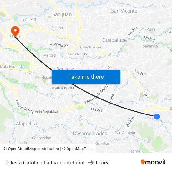 Iglesia Católica La Lía, Curridabat to Uruca map