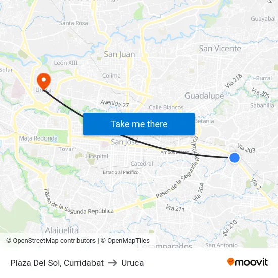 Frente A Plaza Del Sol, Curridabat to Uruca map