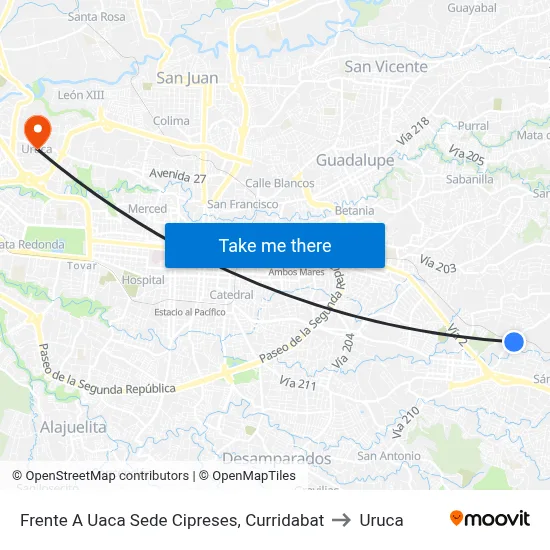 Frente A Uaca Sede Cipreses, Curridabat to Uruca map