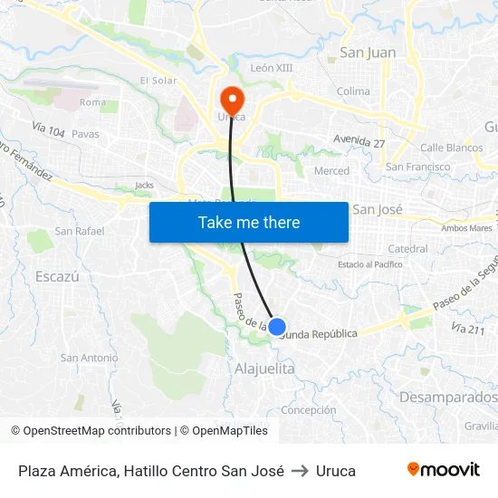 Plaza América, Hatillo Centro San José to Uruca map