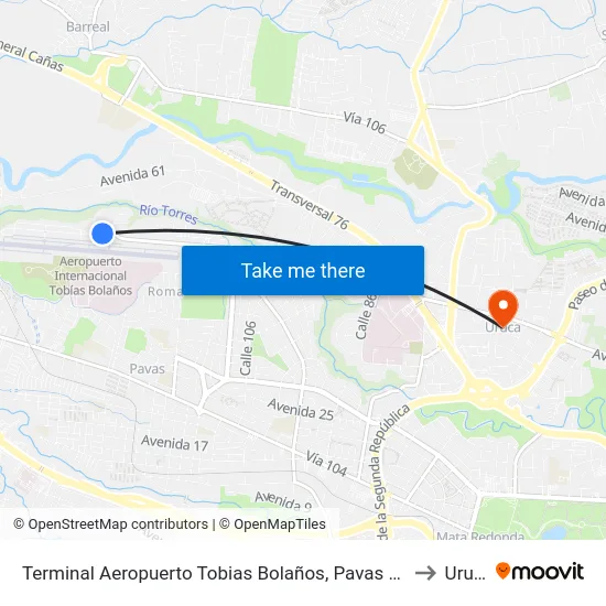 Terminal Aeropuerto Tobias Bolaños, Pavas San José to Uruca map