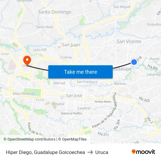 Hiper Diego, Guadalupe Goicoechea to Uruca map