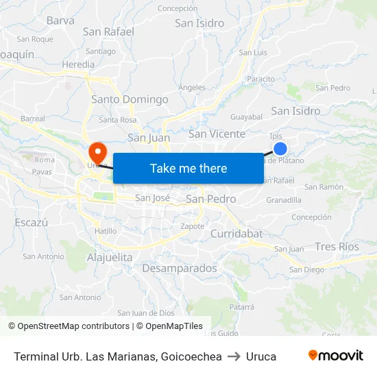 Terminal Urb. Las Marianas, Goicoechea to Uruca map