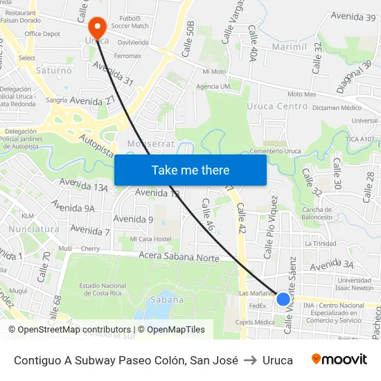 Contiguo A Subway Paseo Colón, San José to Uruca map
