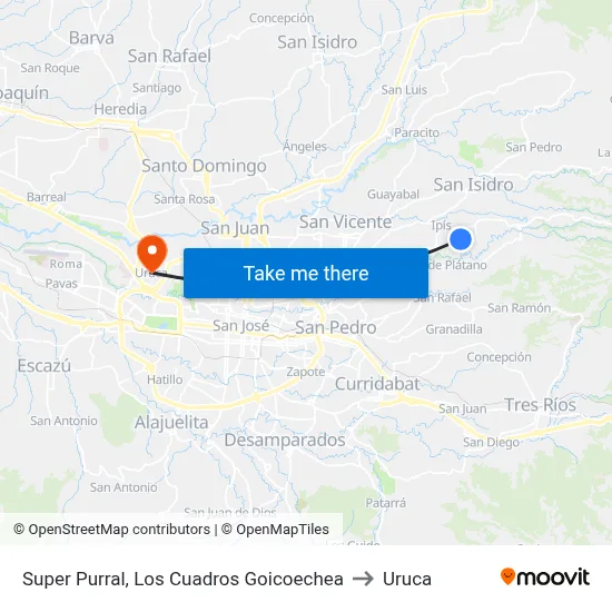 Super Purral, Los Cuadros Goicoechea to Uruca map