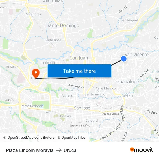 Plaza Lincoln Moravia to Uruca map