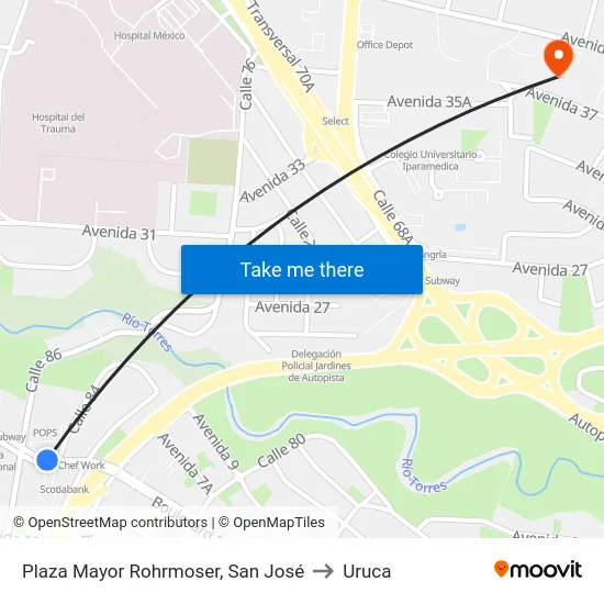 Plaza Mayor Rohrmoser, San José to Uruca map