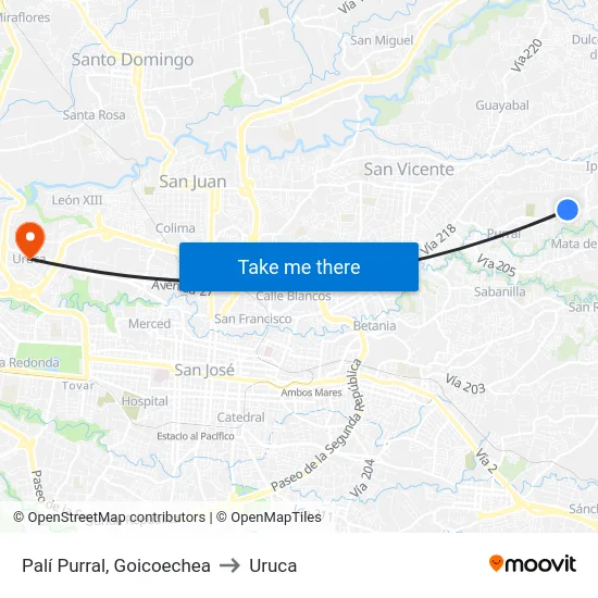 Palí Purral, Goicoechea to Uruca map