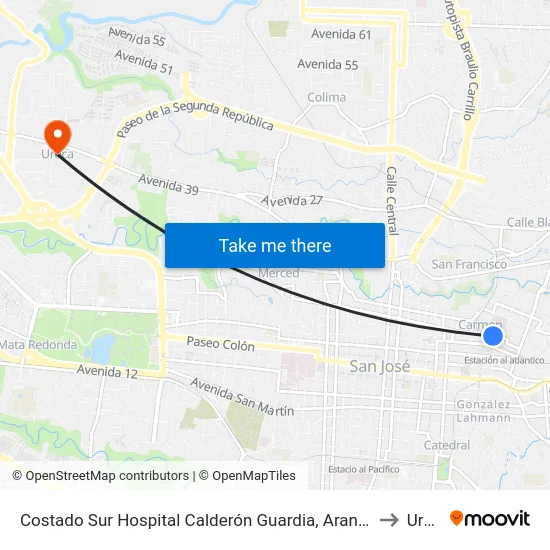 Costado Sur Hospital Calderón Guardia, Aranjuez San José to Uruca map