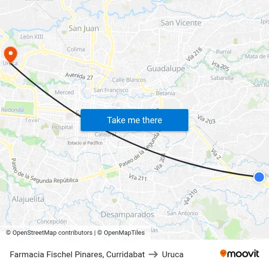 Farmacia Fischel Pinares, Curridabat to Uruca map