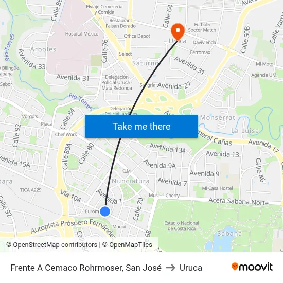Frente A Cemaco Rohrmoser, San José to Uruca map