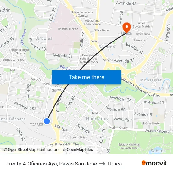 Frente A Oficinas Aya, Pavas San José to Uruca map