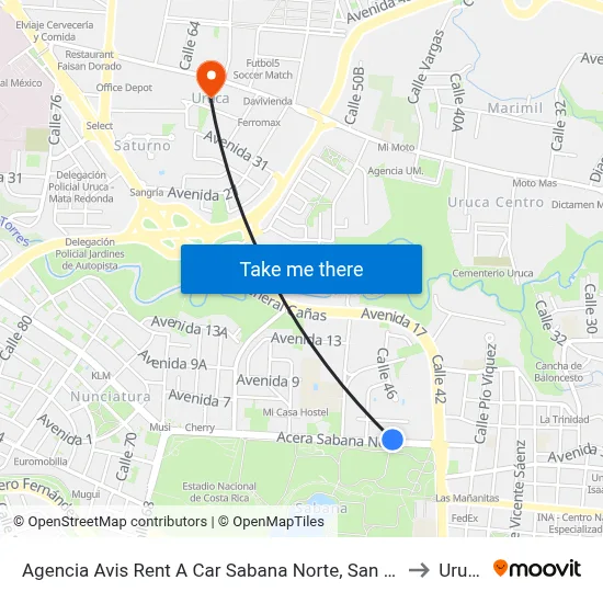 Agencia Avis Rent A Car Sabana Norte, San José to Uruca map