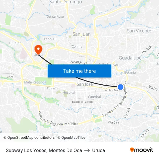 Frente Al Restaurante Subway, Los Yoses Montes De Oca to Uruca map