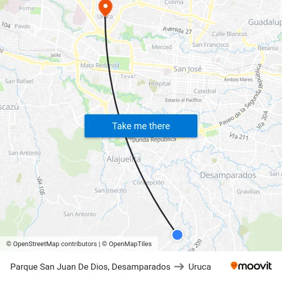 Parque San Juan De Dios, Desamparados to Uruca map