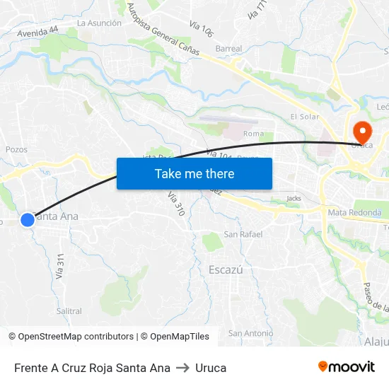 Frente A Cruz Roja Santa Ana to Uruca map