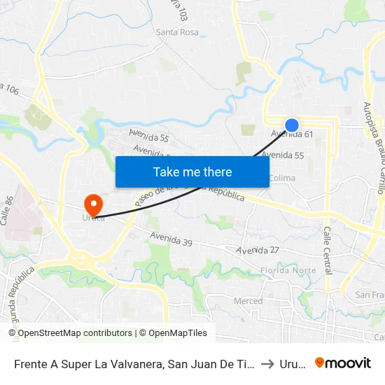 Frente A Super La Valvanera, San Juan De Tibás to Uruca map