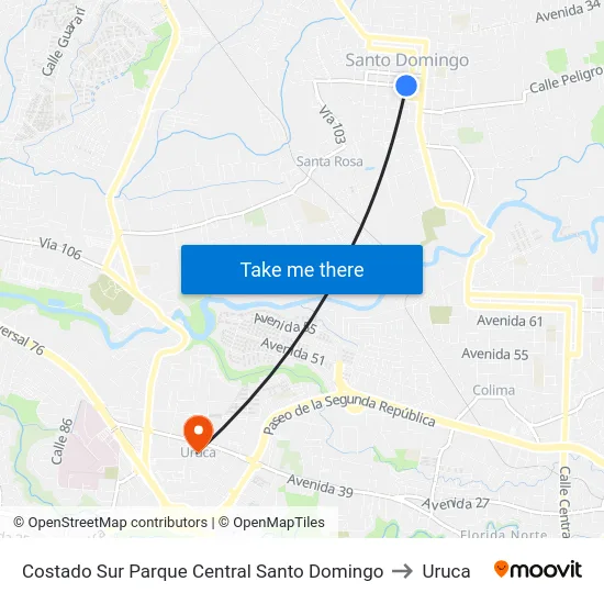 Costado Sur Parque Central Santo Domingo to Uruca map