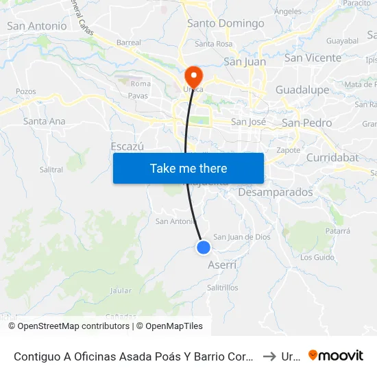 Contiguo A Oficinas Asada Poás Y Barrio Corazón De Jesús, Aserrí to Uruca map